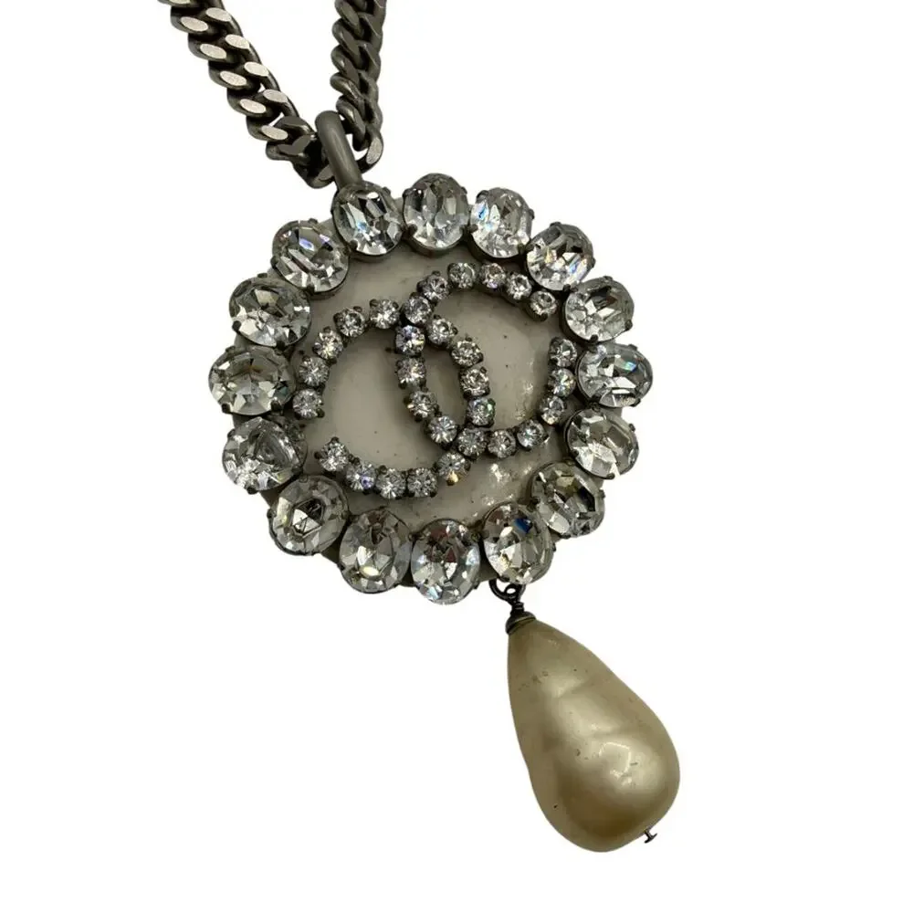 Chanel Fall 2000 Crystal CC Pearl Drop Medallion Necklace on Gunmetal Chain